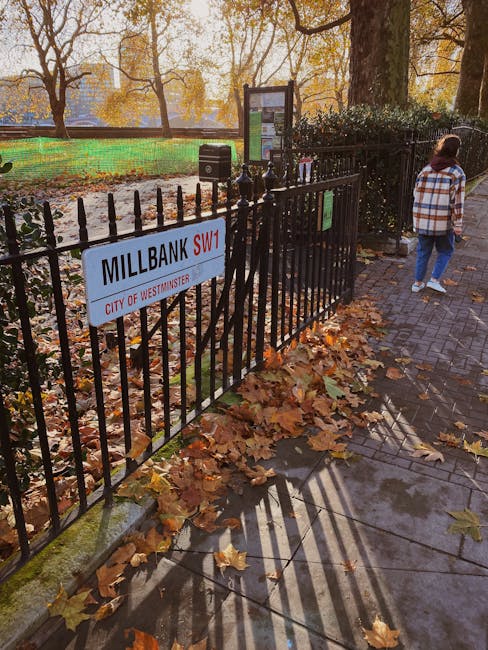 The image depicts a paved walkway running alongside a small park or green space enclosed by a black metal fence with vertical bars. Attached to the fence is a white sign reading 'MILLBANK SW1' with smaller text underneath indicating 'CITY OF WESTMINSTER'. Fallen leaves in shades of brown, yellow, and orange are scattered across the pavement and along the base of the fence, suggesting an autumn setting. In the background, there are several tall trees with sparse, golden foliage, and a green mesh fence is partially visible behind the trees. To the right, a person wearing a plaid shirt and blue jeans is walking away from the camera, facing the park. A digital information display or notice board is positioned behind the fence, partially obscured by nearby shrubbery, indicating an area of public interest or local information. The scene is illuminated by diffuse natural light, creating subtle shadows cast by the fence and trees, aligning with typical outdoor environment visuals related to neighbourhood signage and public spaces managed by local authorities or private waste services such as Rubbish Clearance Westminster, which may offer alternative rubbish collection options in the area.